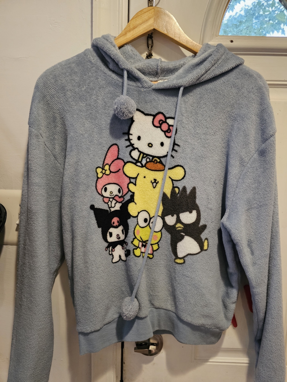 Hello Kitty Light Blue Plush Hoodie with Pom Drawstrings